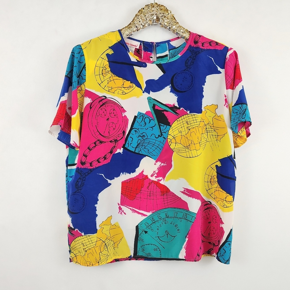 Vntage 80s 90s Bobbie Brooks Womens Multicolor Plus Size Top Size Med Dopamine